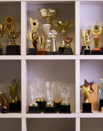 Group of trophies on shelf.